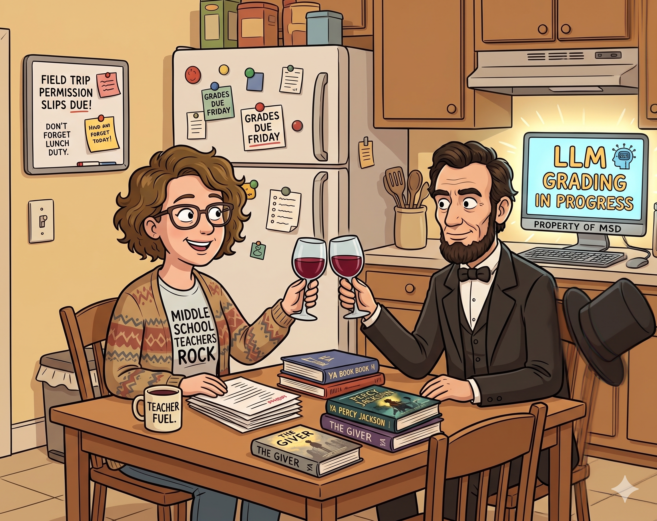 A teacher and Abraham Lincoln share a glass of wine in a kitchen while a computer grades essays in the background.